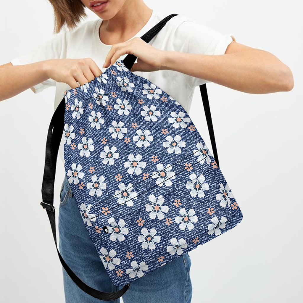 Flower Denim Jeans Pattern Print Drawstring Backpack
