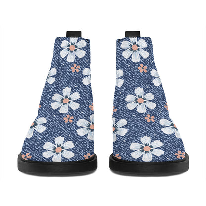 Flower Denim Jeans Pattern Print Flat Ankle Boots