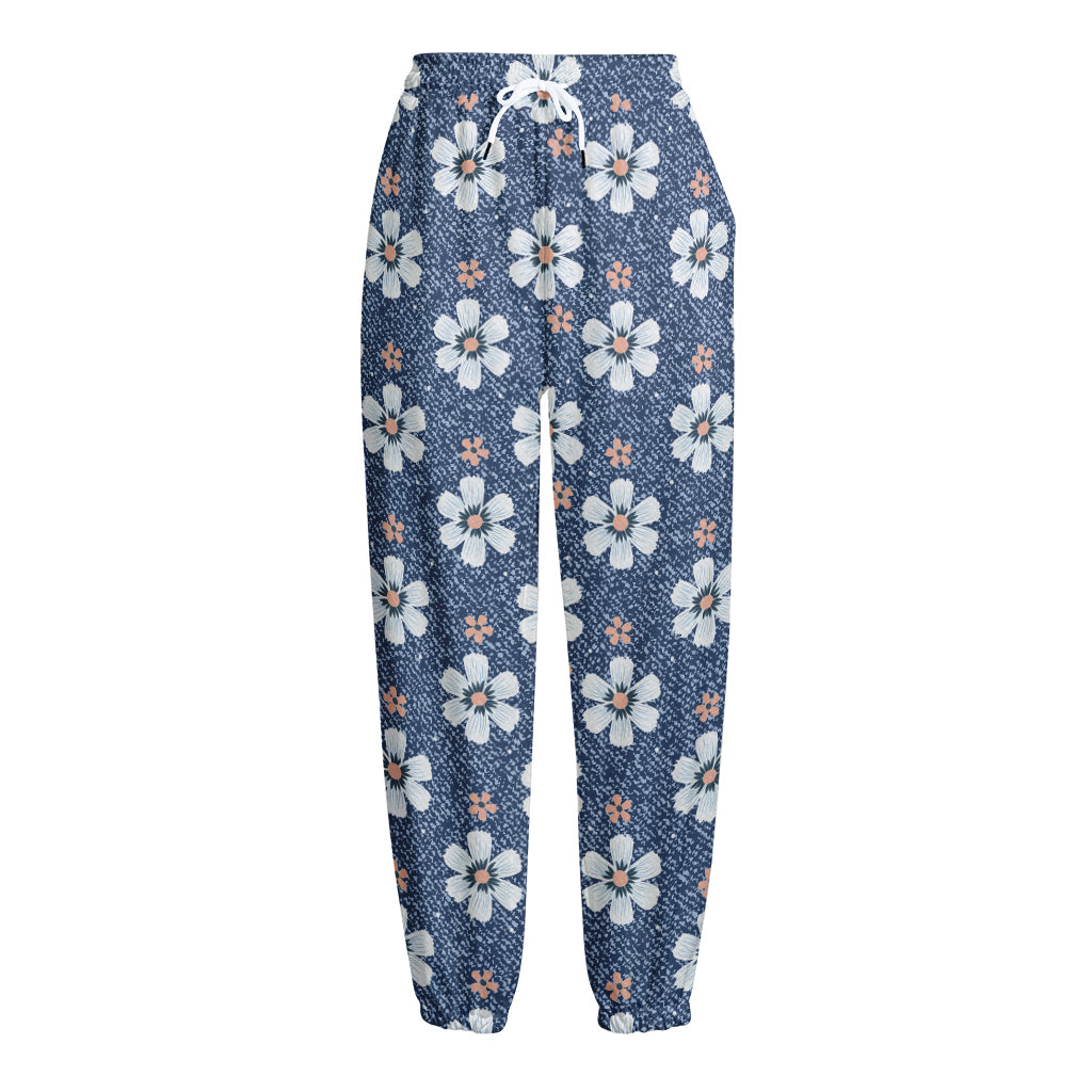 Flower Denim Jeans Pattern Print Fleece Lined Knit Pants