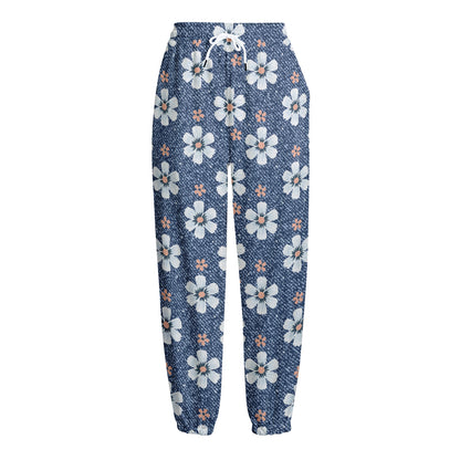 Flower Denim Jeans Pattern Print Fleece Lined Knit Pants