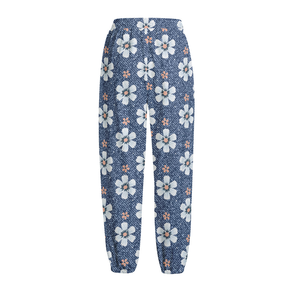 Flower Denim Jeans Pattern Print Fleece Lined Knit Pants
