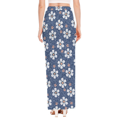 Flower Denim Jeans Pattern Print High Slit Maxi Skirt