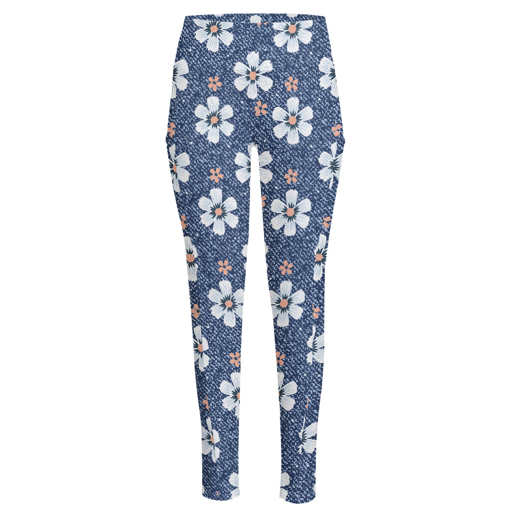 Flower Denim Jeans Pattern Print High-Waisted Pocket Leggings