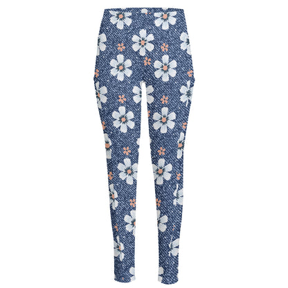 Flower Denim Jeans Pattern Print High-Waisted Pocket Leggings