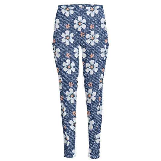 Flower Denim Jeans Pattern Print High-Waisted Pocket Leggings