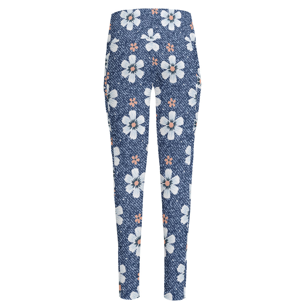 Flower Denim Jeans Pattern Print High-Waisted Pocket Leggings