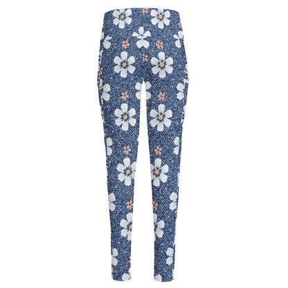 Flower Denim Jeans Pattern Print High-Waisted Pocket Leggings