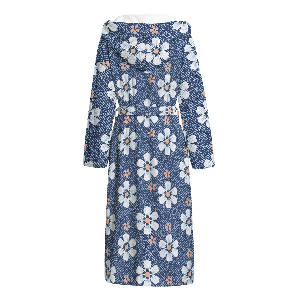 Flower Denim Jeans Pattern Print Hooded Bathrobe