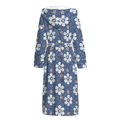 Flower Denim Jeans Pattern Print Hooded Bathrobe
