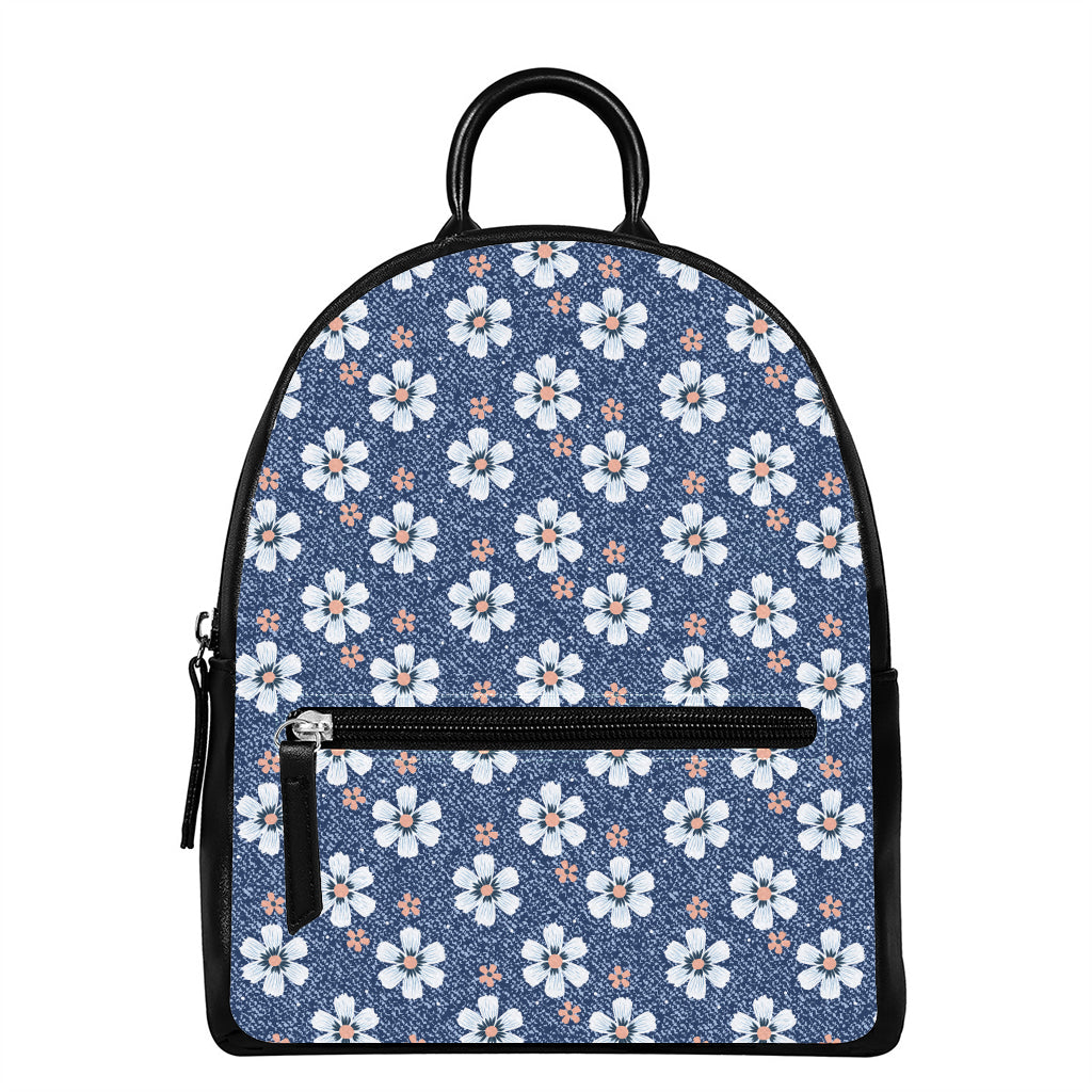 Flower Denim Jeans Pattern Print Leather Backpack