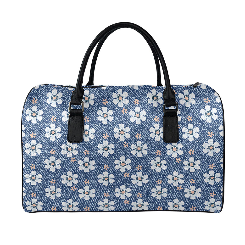 Flower Denim Jeans Pattern Print Leather Duffle Bag