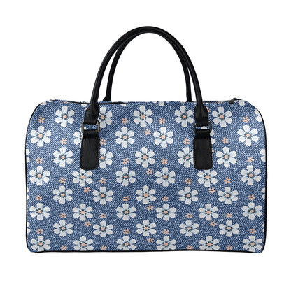 Flower Denim Jeans Pattern Print Leather Duffle Bag