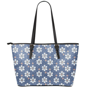 Flower Denim Jeans Pattern Print Leather Tote Bag