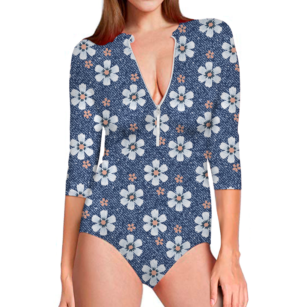 Flower Denim Jeans Pattern Print Long Sleeve Swimsuit