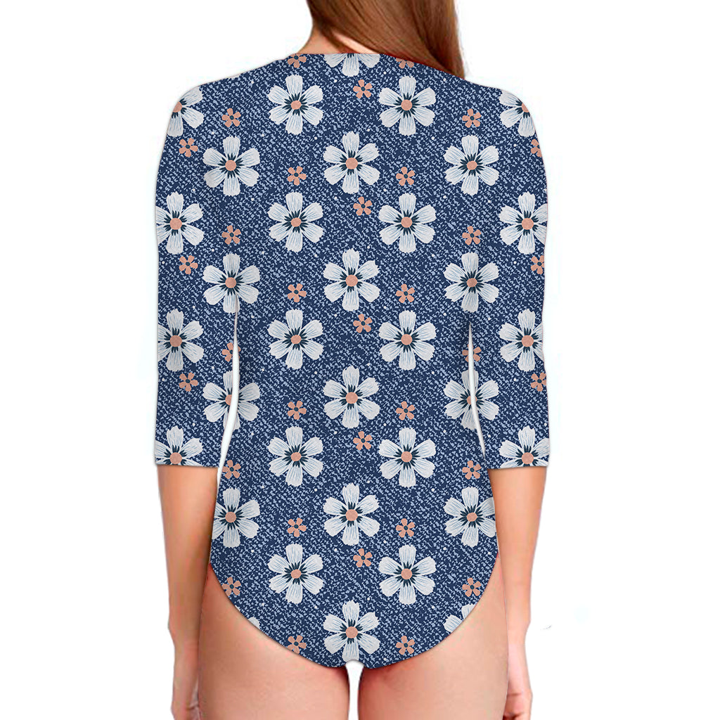 Flower Denim Jeans Pattern Print Long Sleeve Swimsuit