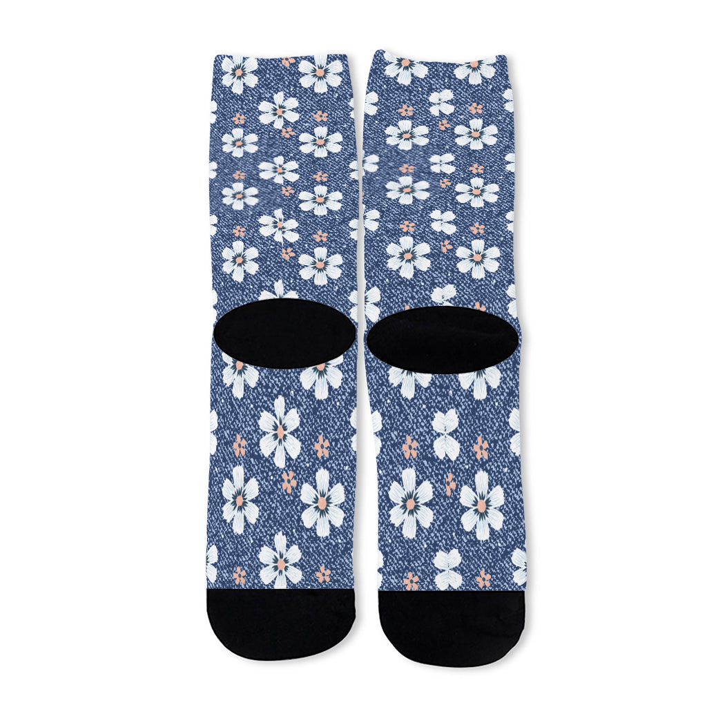 Flower Denim Jeans Pattern Print Long Socks
