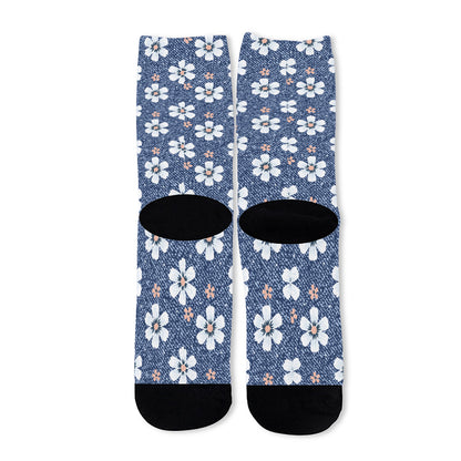 Flower Denim Jeans Pattern Print Long Socks