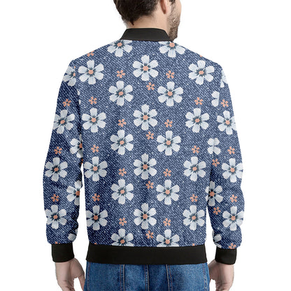 Flower Denim Jeans Pattern Print Men's Bomber Jacket