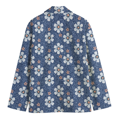 Flower Denim Jeans Pattern Print Men's Cotton Blazer