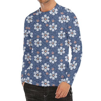 Flower Denim Jeans Pattern Print Men's Long Sleeve Rash Guard