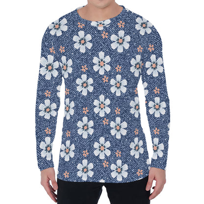 Flower Denim Jeans Pattern Print Men's Long Sleeve T-Shirt