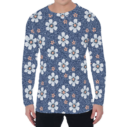 Flower Denim Jeans Pattern Print Men's Long Sleeve T-Shirt