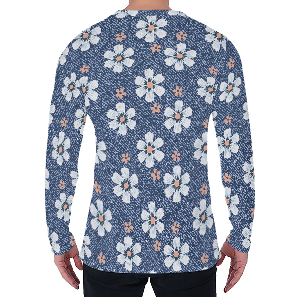Flower Denim Jeans Pattern Print Men's Long Sleeve T-Shirt
