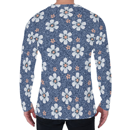 Flower Denim Jeans Pattern Print Men's Long Sleeve T-Shirt
