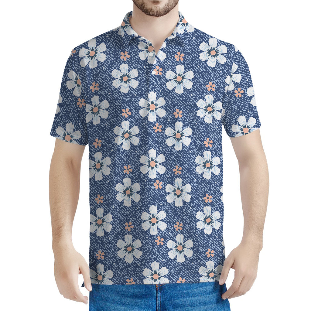 Flower Denim Jeans Pattern Print Men's Polo Shirt