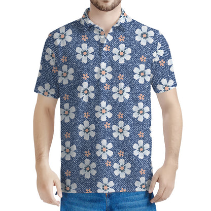 Flower Denim Jeans Pattern Print Men's Polo Shirt