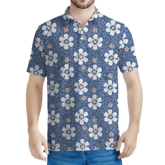 Flower Denim Jeans Pattern Print Men's Polo Shirt