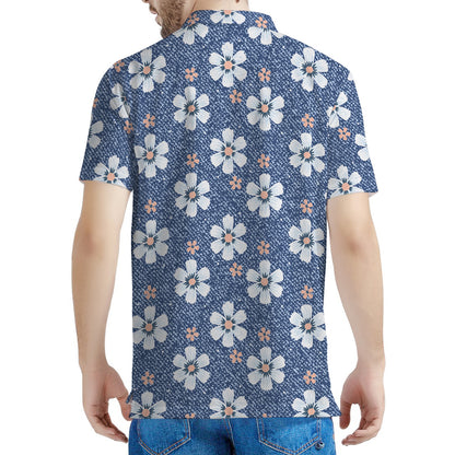 Flower Denim Jeans Pattern Print Men's Polo Shirt