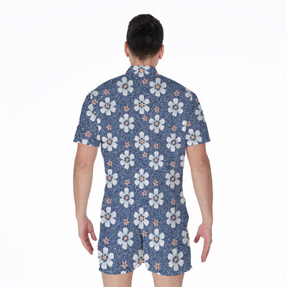 Flower Denim Jeans Pattern Print Men's Rompers
