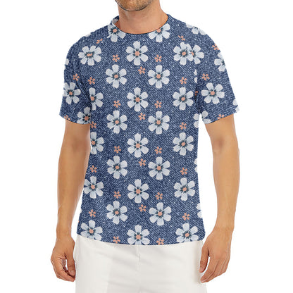 Flower Denim Jeans Pattern Print Men's Short Sleeve Rash Guard