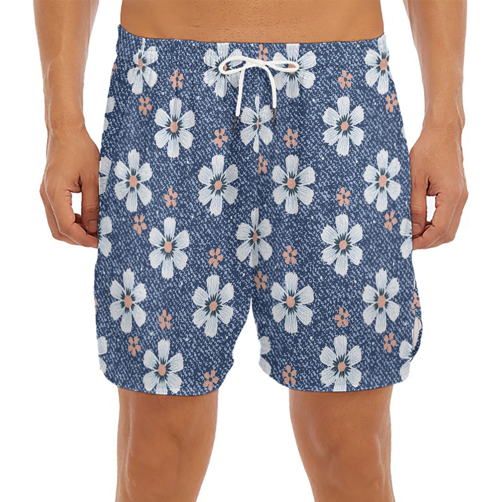 Flower Denim Jeans Pattern Print Men's Split Running Shorts