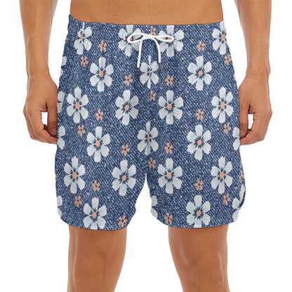 Flower Denim Jeans Pattern Print Men's Split Running Shorts