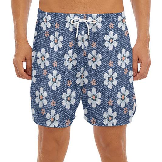 Flower Denim Jeans Pattern Print Men's Split Running Shorts