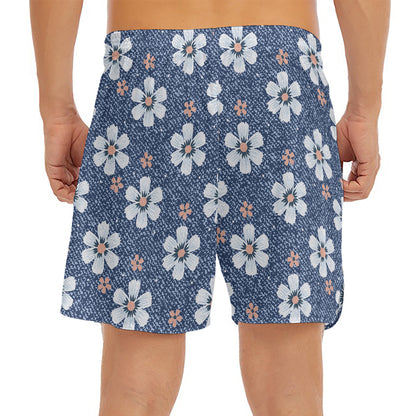 Flower Denim Jeans Pattern Print Men's Split Running Shorts