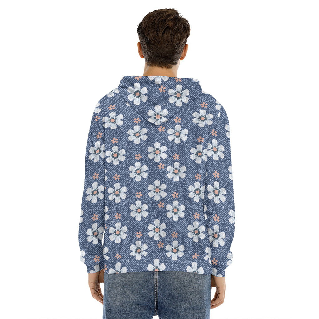 Flower Denim Jeans Pattern Print Men's Velvet Pullover Hoodie