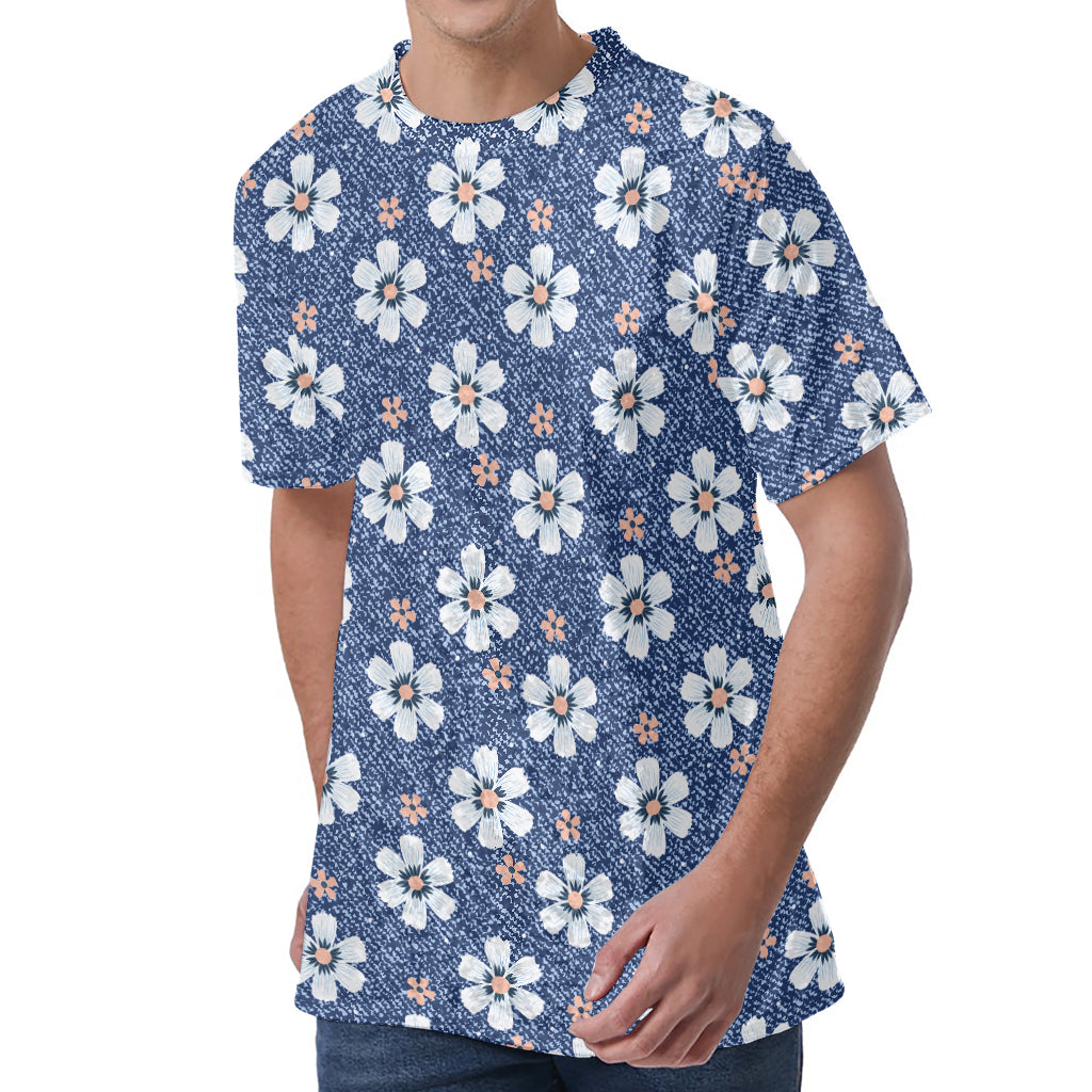 Flower Denim Jeans Pattern Print Men's Velvet T-Shirt