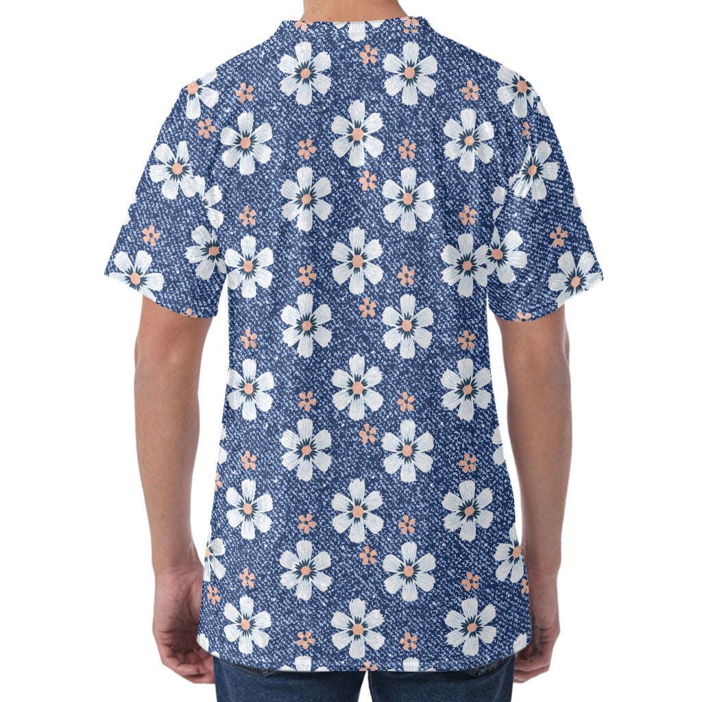 Flower Denim Jeans Pattern Print Men's Velvet T-Shirt