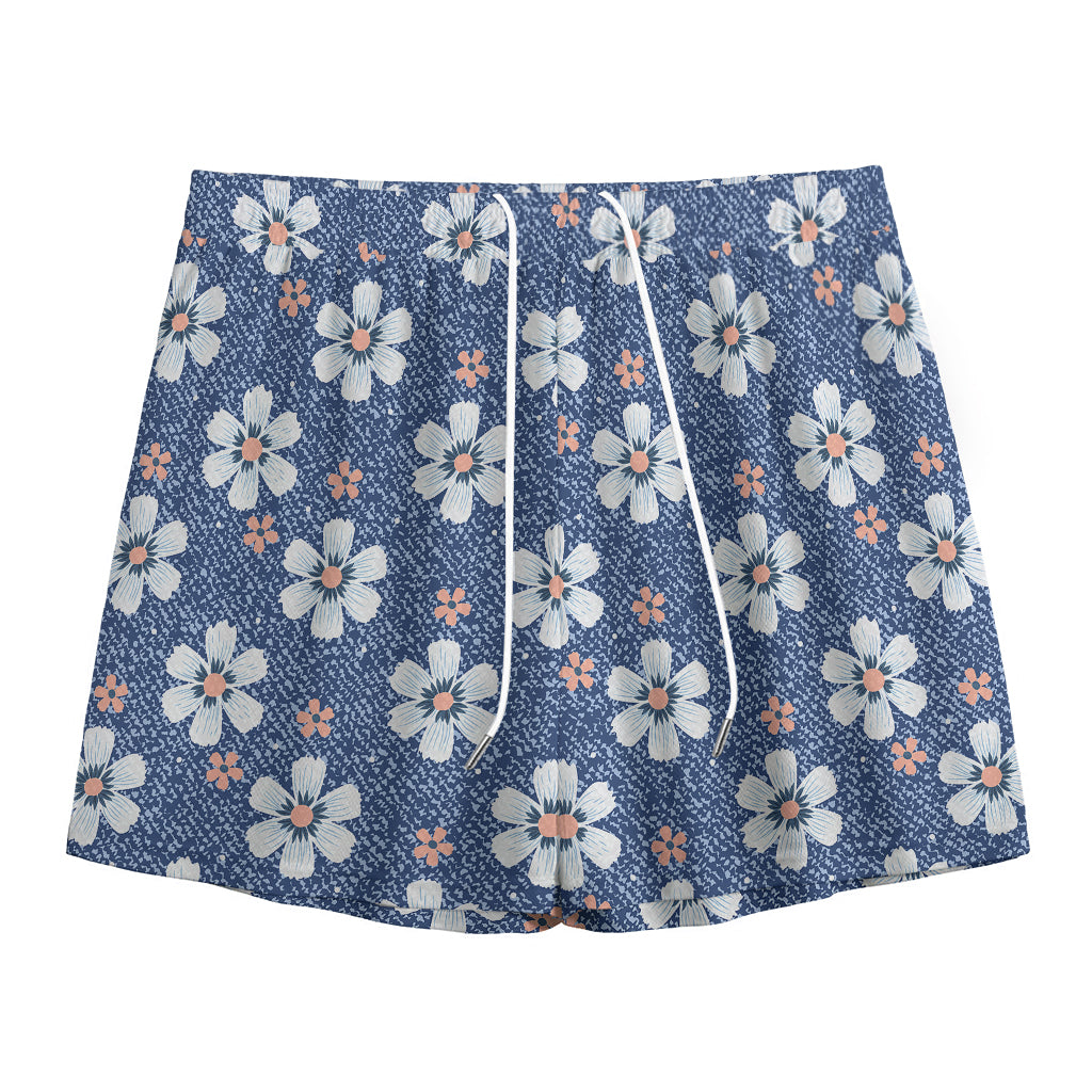Flower Denim Jeans Pattern Print Mesh Shorts