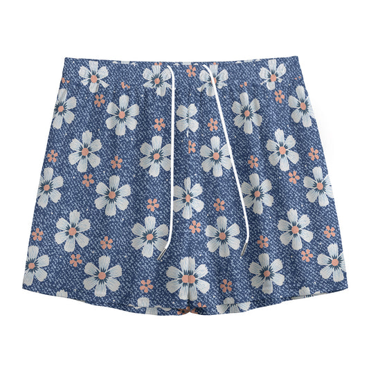 Flower Denim Jeans Pattern Print Mesh Shorts