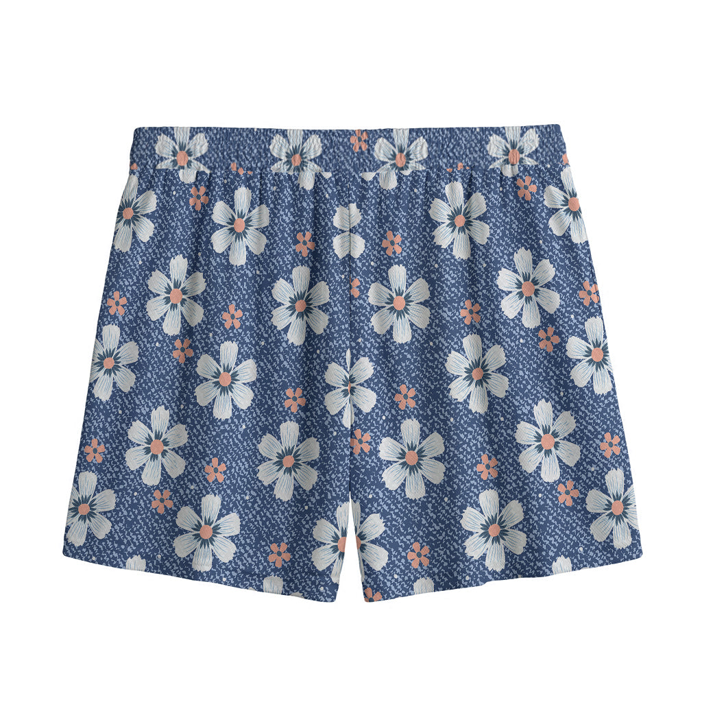 Flower Denim Jeans Pattern Print Mesh Shorts