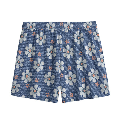 Flower Denim Jeans Pattern Print Mesh Shorts