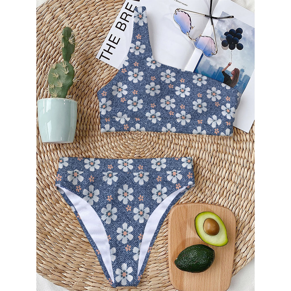Flower Denim Jeans Pattern Print One Shoulder Bikini Top