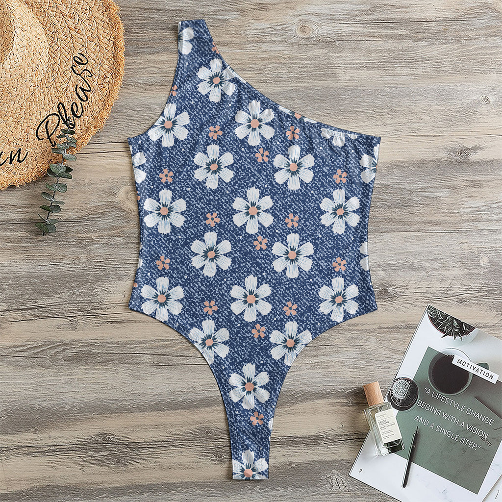 Flower Denim Jeans Pattern Print One Shoulder Bodysuit