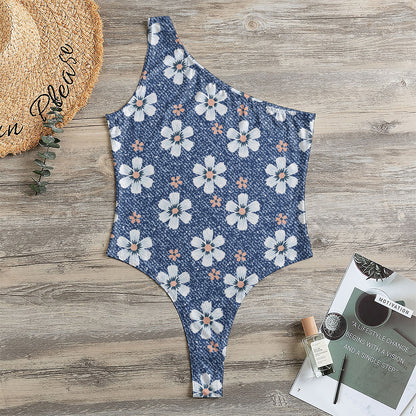 Flower Denim Jeans Pattern Print One Shoulder Bodysuit