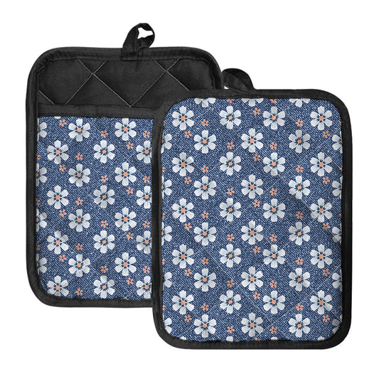 Flower Denim Jeans Pattern Print Pot Holders With Pocket