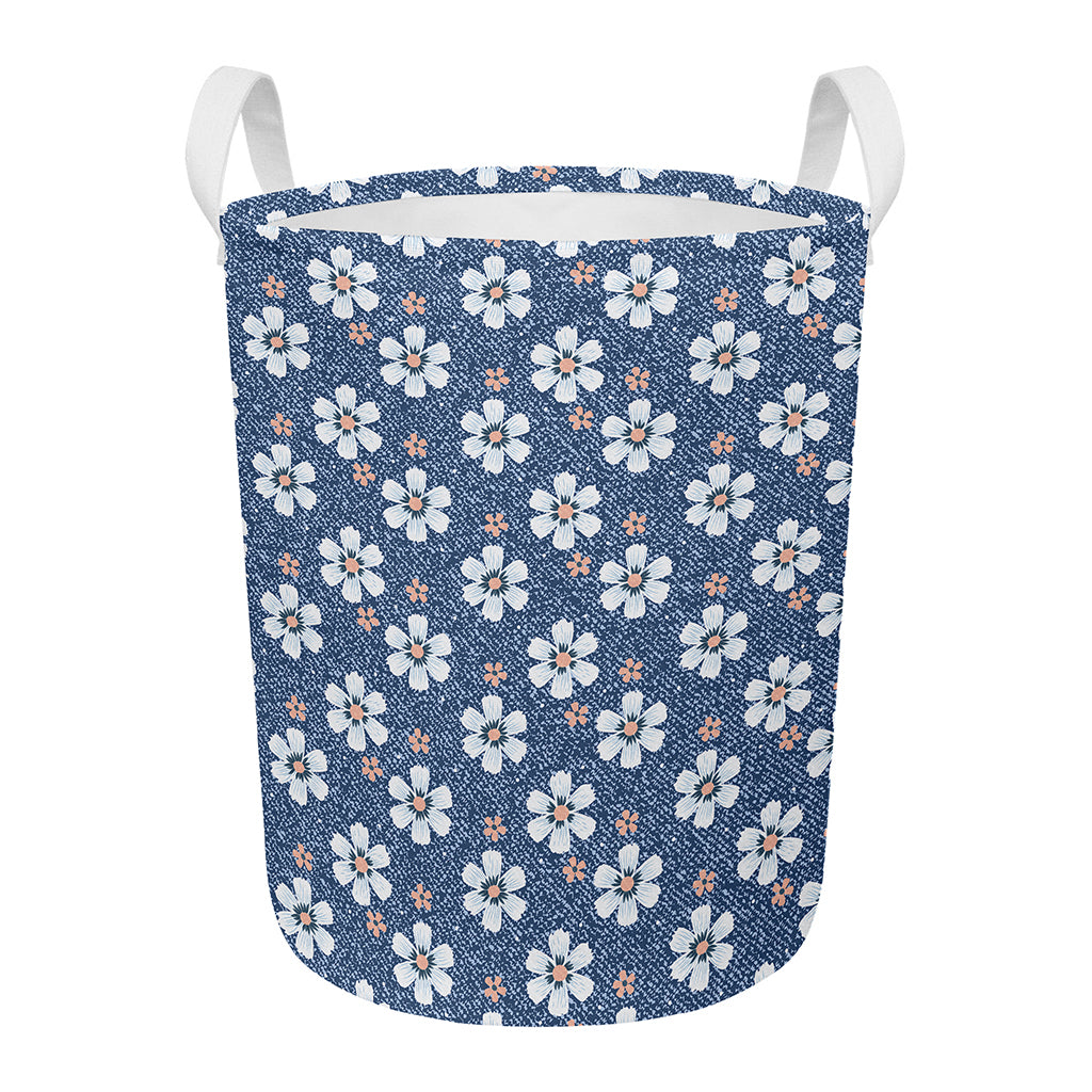 Flower Denim Jeans Pattern Print Round Laundry Basket